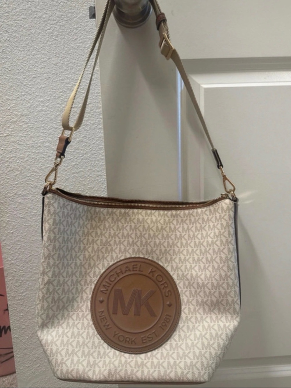 Michael Kors Cream MK Logo Crossbody Shoulder Bag with Tan Trim